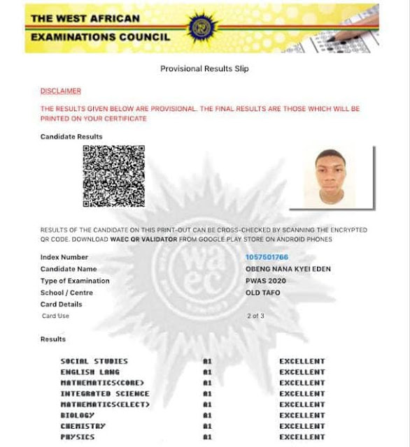 Eden of Prempeh College's Nov/Dec results also leaked online, he also scored 8As