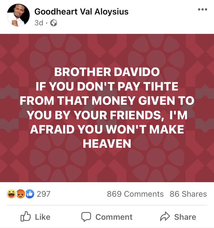 Davido will not make heaven if he does not pay tithe from the 200Million given to him by his friends - Pastor