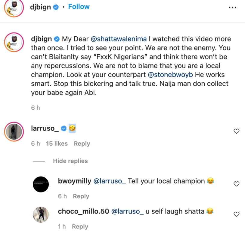 Larruso Mocks Shatta Wale After Top Nigerian DJ Blasted Him For Dissing Nigerian Artists