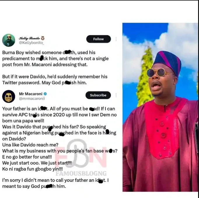 “Dem No Born Your Papa Well” – Mr Macaroni Roasts Davido’s Fan Amidst His Beef With Burna Boy